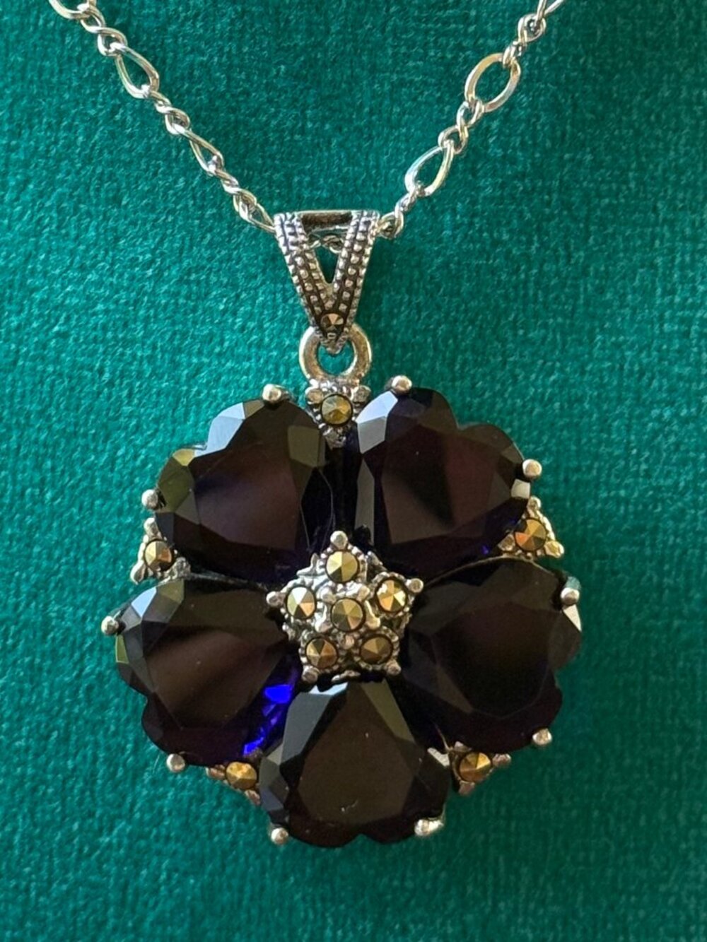 Sapphire and Marcasite Sterling Silver 925 Flower Necklace - Picture 4 of 5